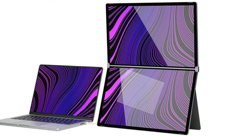 Le Folio Duo propose deux écrans 16" superposés, pivotables à 90° pour une zone de travail verticale double.