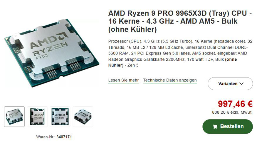 Le Ryzen 9 PRO 9965X3D en format tray OEM : aucun ventirad ni boîte inclus.