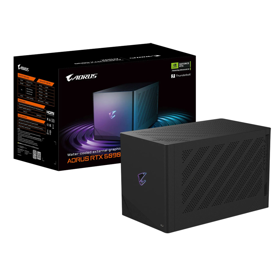 L'AORUS RTX 5090 AI BOX avec son système de refroidissement liquide Waterforce et son radiateur 240 mm.