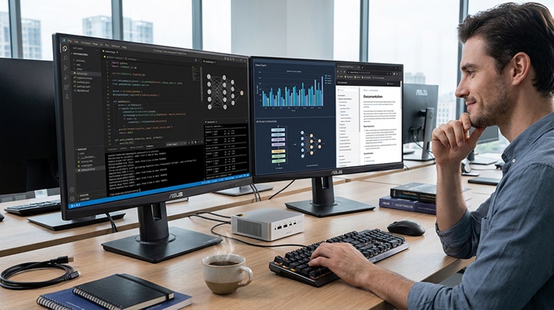 Vue des connectiques de l'Ascent QN10 : sept ports USB dont trois USB4, HDMI et sortie pour quatre écrans 4K.