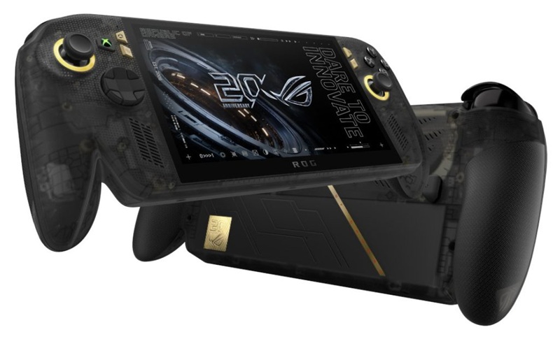 Le châssis noir translucide avec accents dorés de la ROG Ally X20, édition 20e anniversaire.