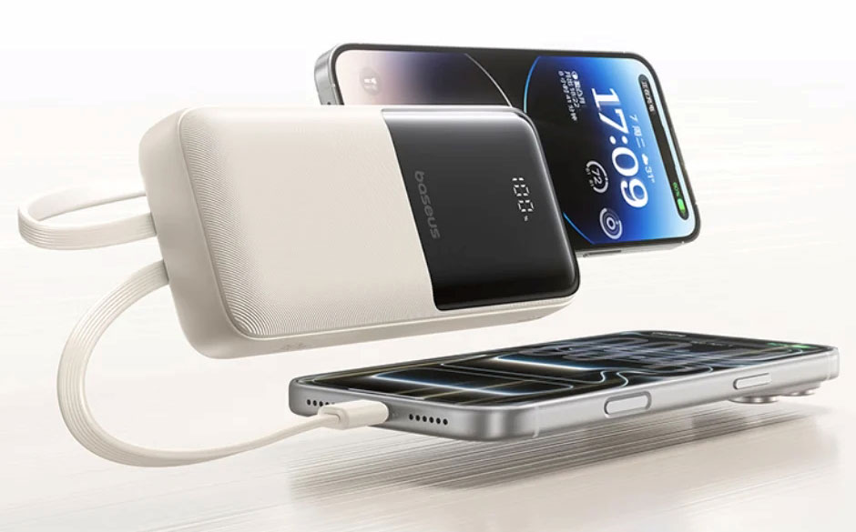 Baseus power bank with built-in USB-C and Lightning cables. Illustration: Baseus