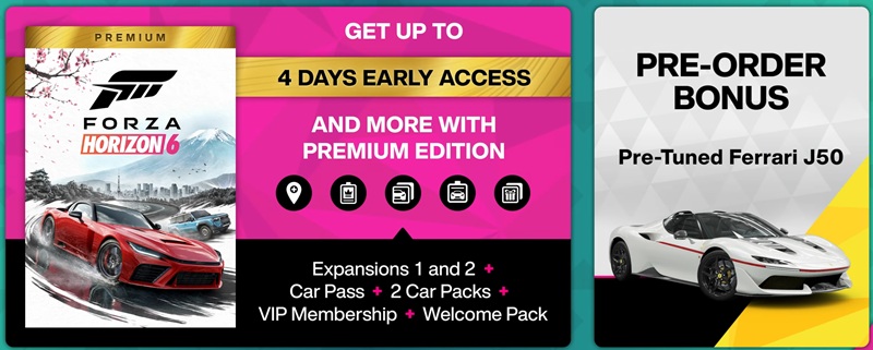 L'édition Premium de Forza Horizon 6 inclut quatre jours d'accès anticipé, le Car Pass et deux extensions post-lancement.