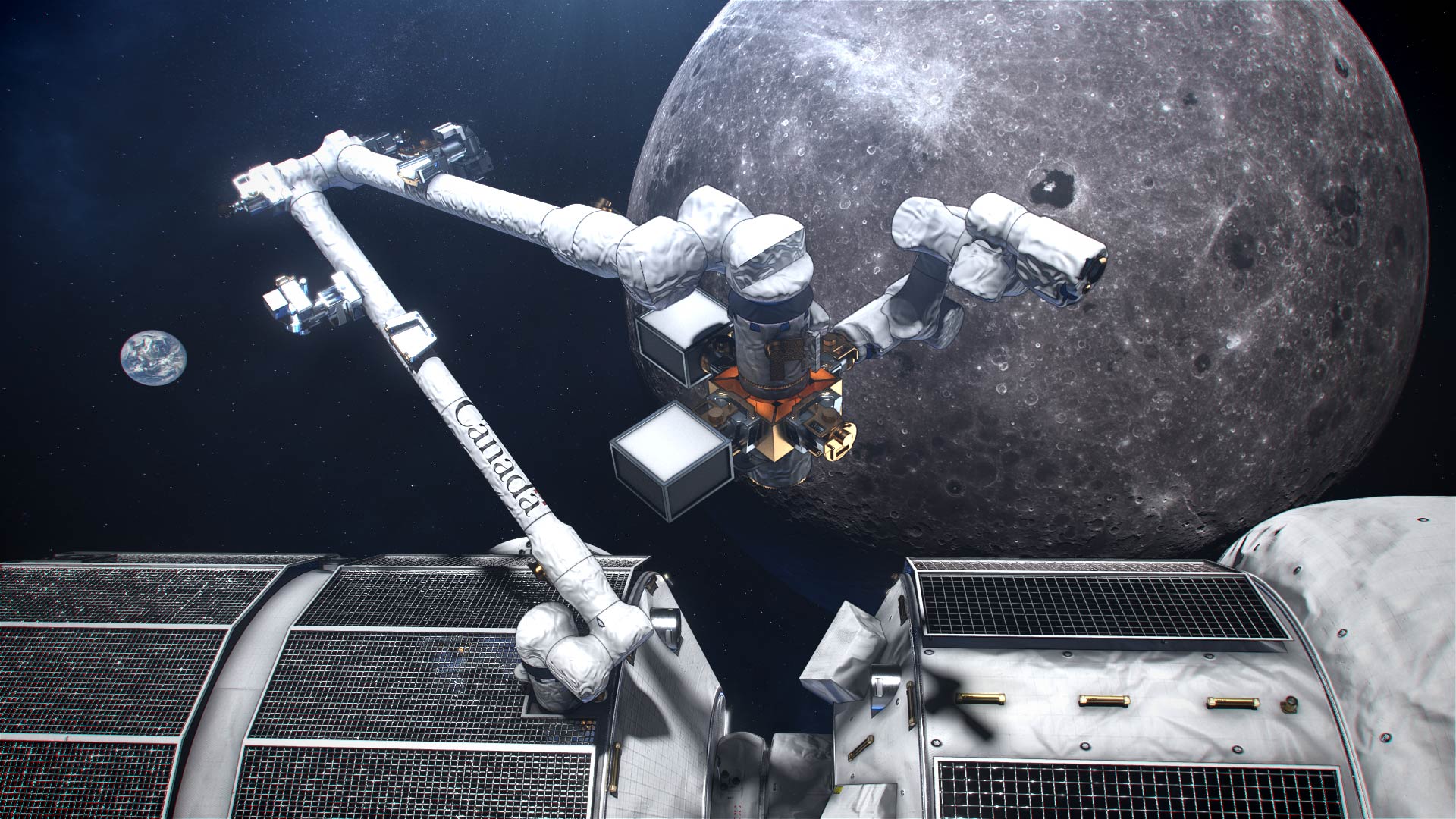 Image de concept de Canadarm3, le système robotique canadien initialement prévu pour le projet Gateway.