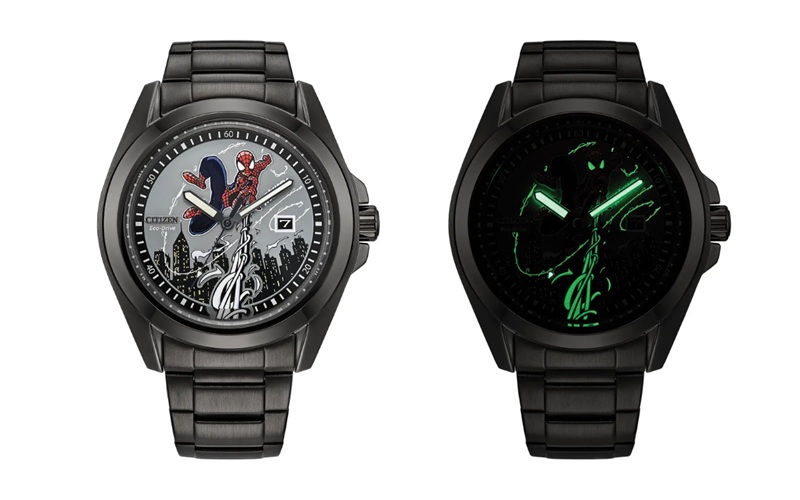 Luminescent green material covers Spider-Man's eyes and web elements on the dial