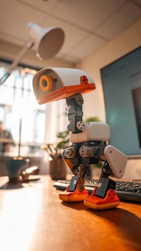Le bec articulé de Microduck peut saisir de petits objets ; l'appareil communique via des sons générés par son haut-parleur intégré.