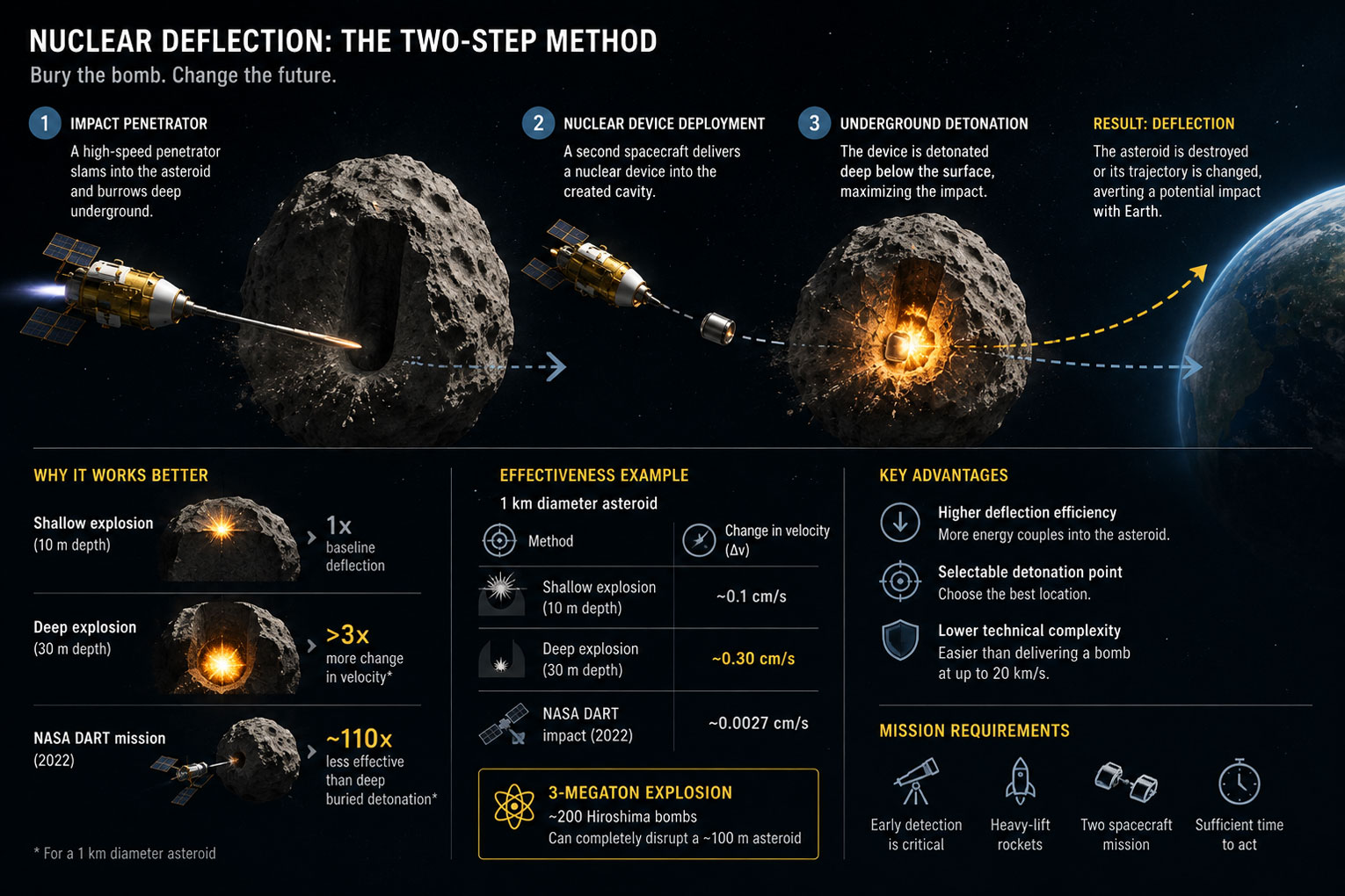 Illustration of a two-stage nuclear deflection mission: an impact module first drills a borehole, then a second spacecraft delivers the nuclear charge. Source: AI