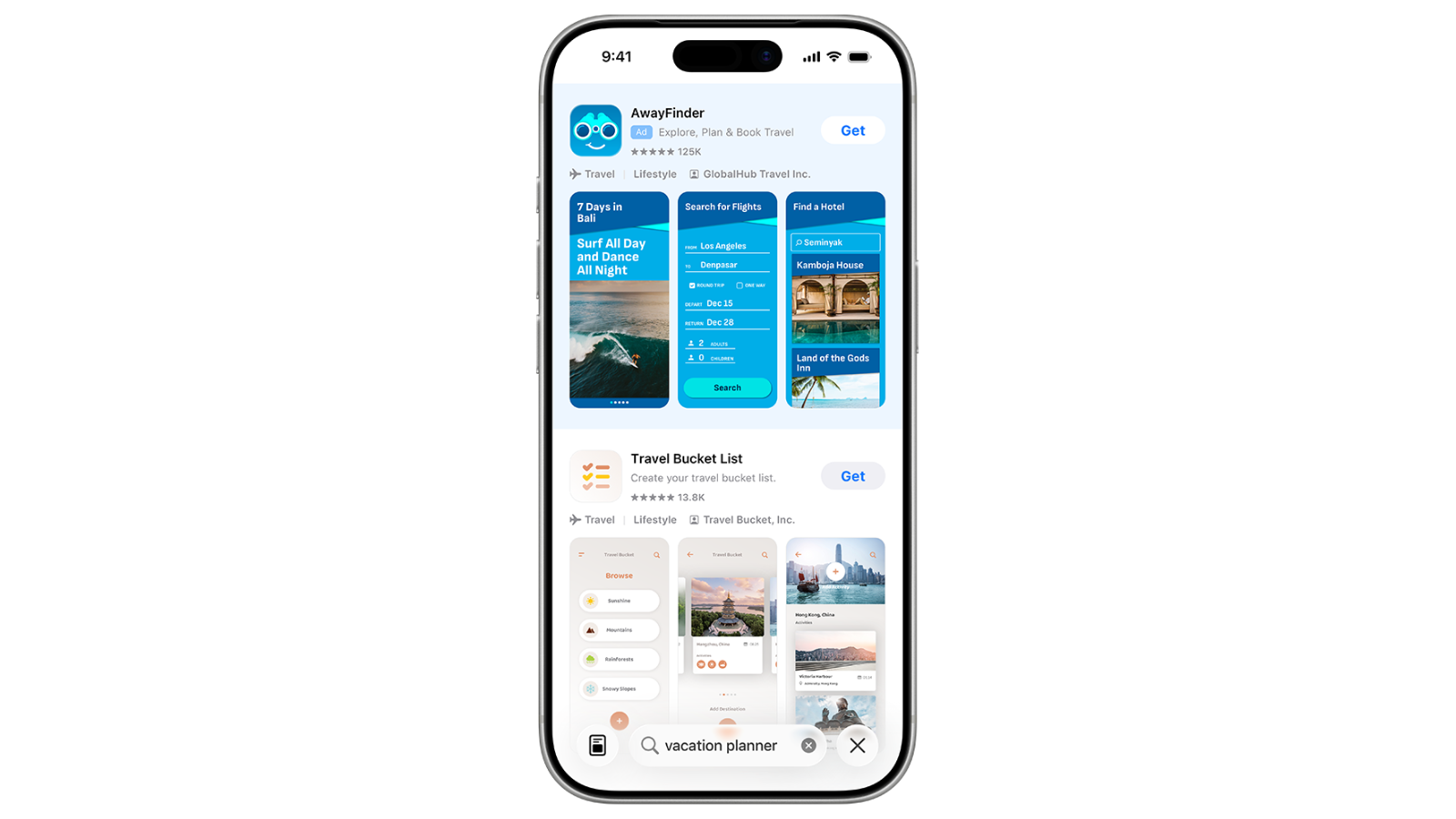 Illustration: AwayFinder travel app in App Store search results