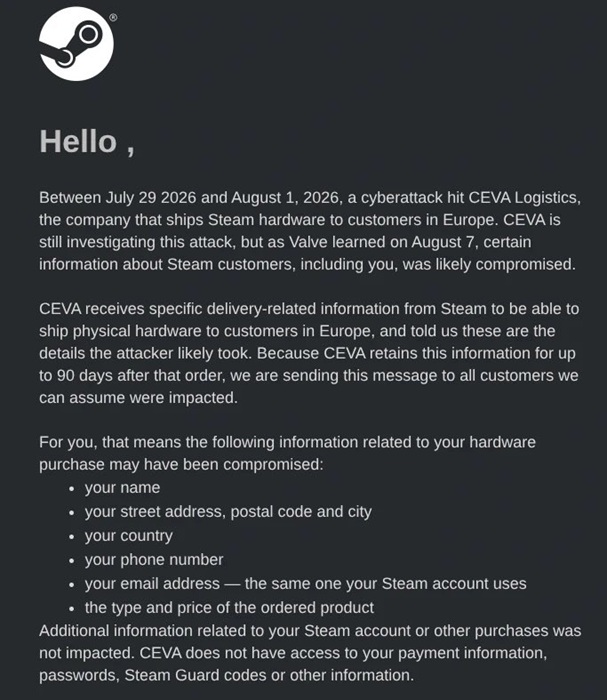 Valve notified affected European Steam hardware customers about the CEVA data breach on August 7, 2026.