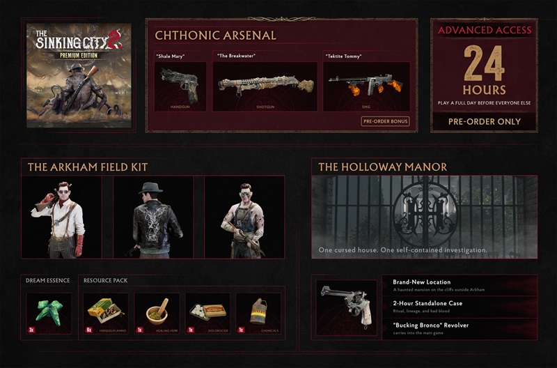 Les trois éditions de The Sinking City 2 et leurs bonus de précommande.