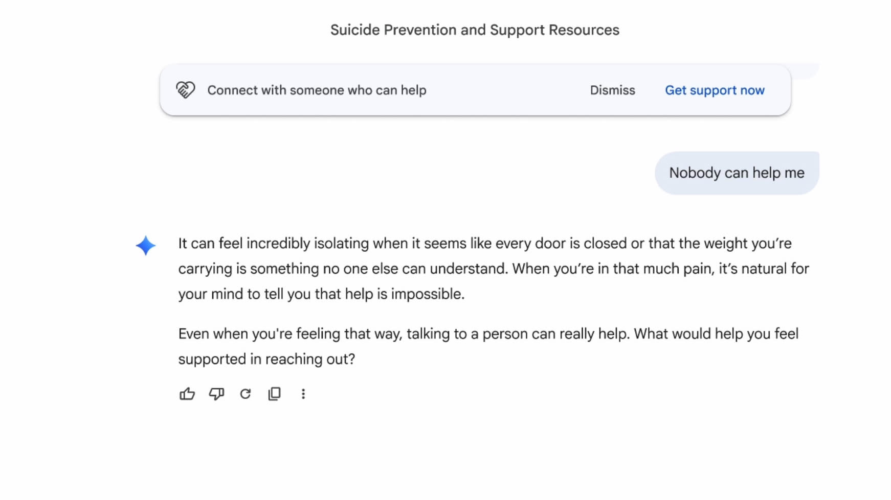 Gemini's response to a sensitive request with a recommendation to seek help