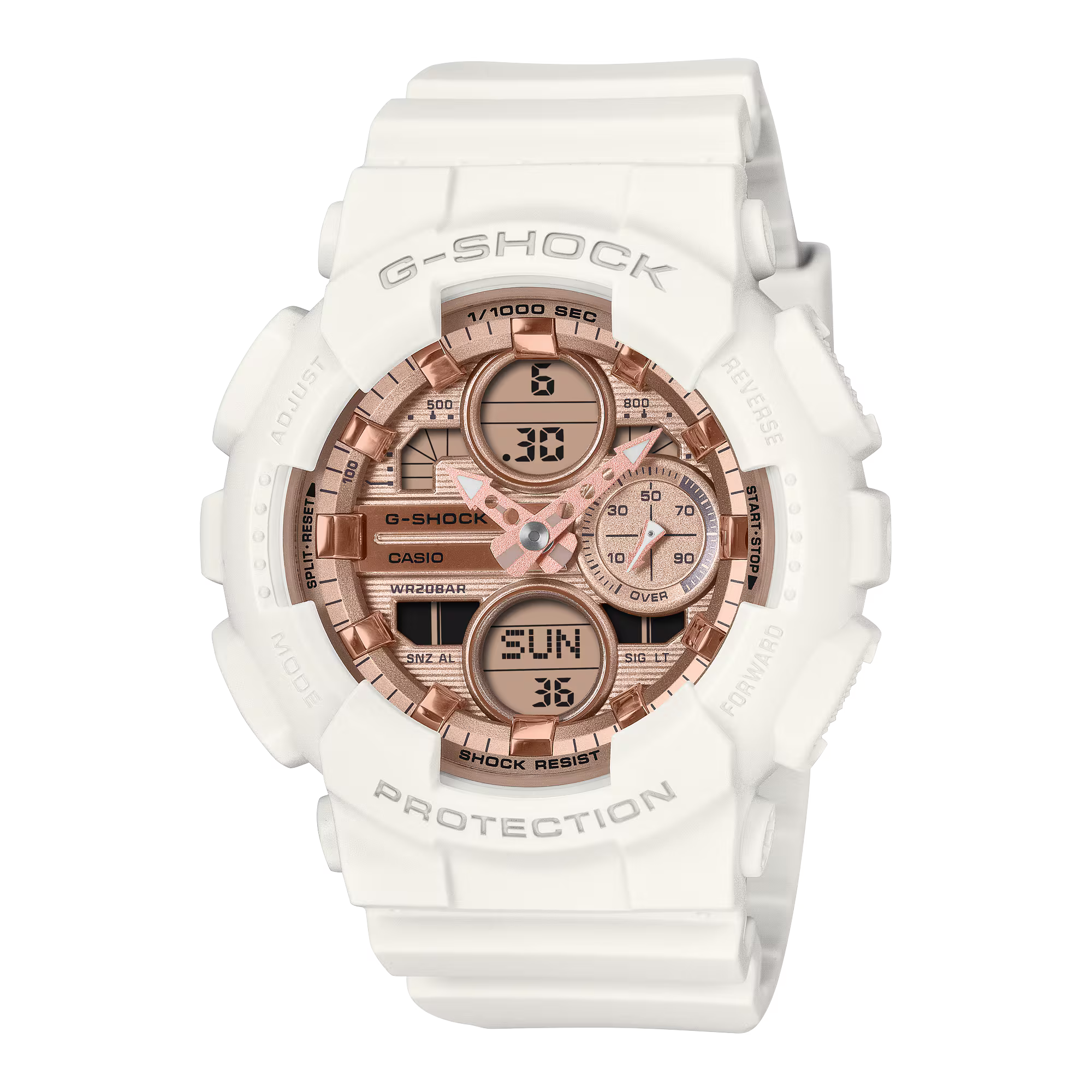 Casio G-Shock GMAS140PG-7A watch with white case