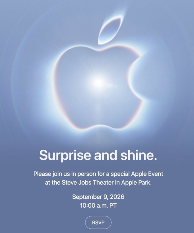Apple's 'Surprise and Shine' event takes place September 9, 2026.