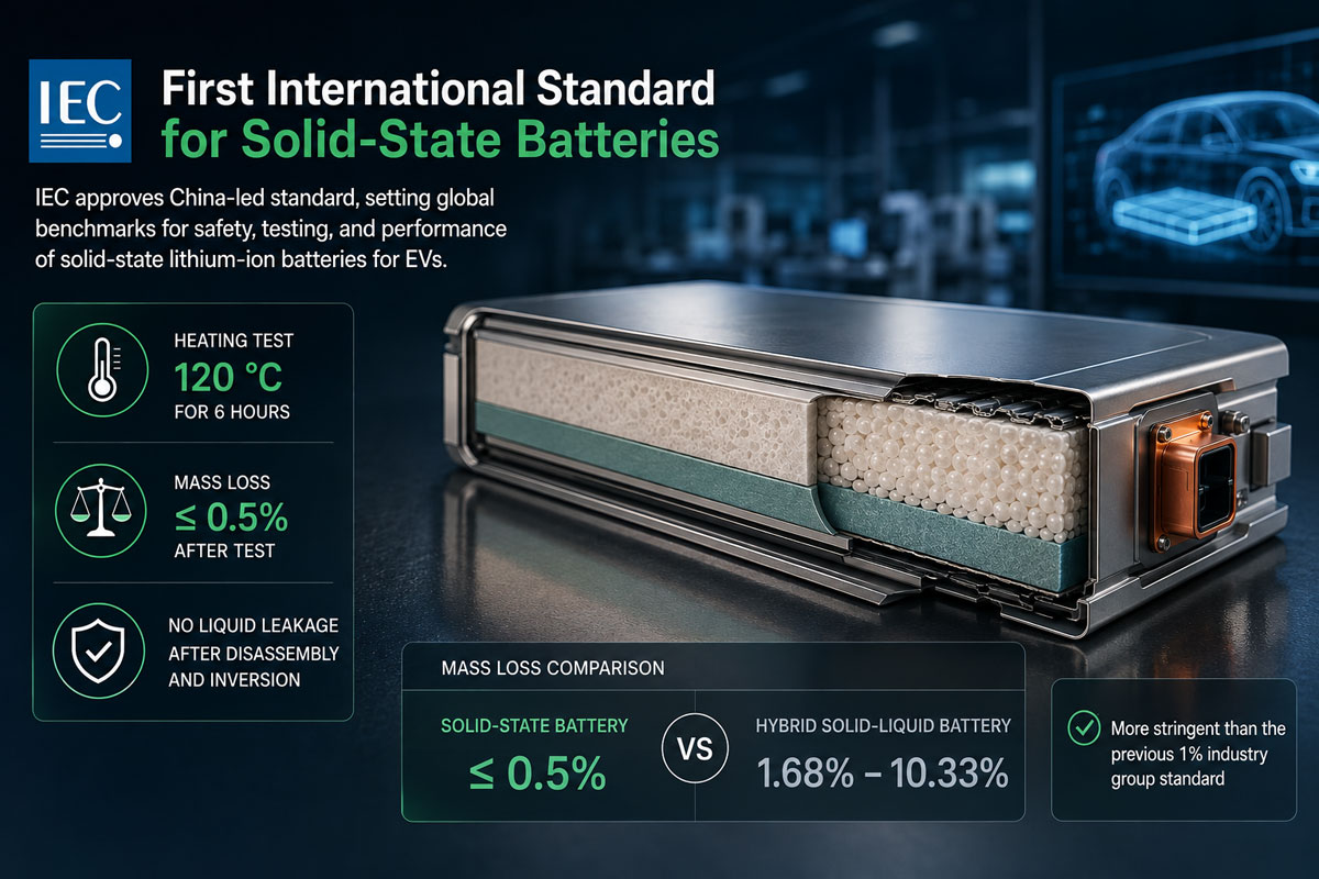 Batterie à l'état solide pour véhicule électrique : le standard chinois GB/T 43568-2026 impose désormais un seuil de perte de masse de 0,5 % pour qualifier une technologie de « tout-solide ».