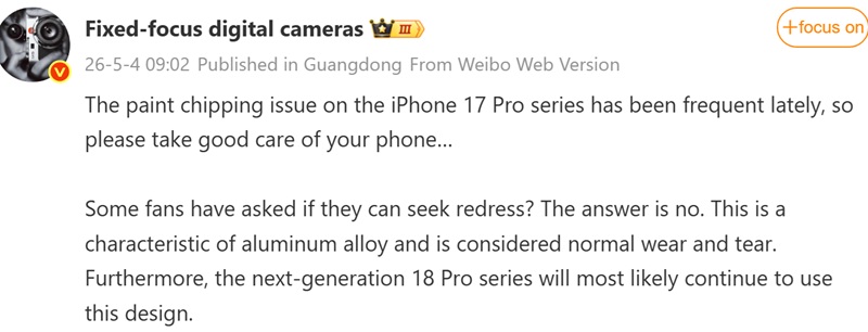 The iPhone 17 Pro's anodized aluminum finish drew widespread complaints about chipping around the camera edges within weeks of use.