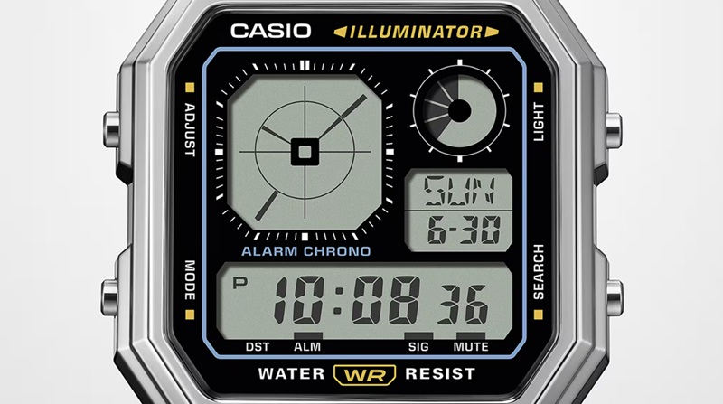 L'écran de la Casio A130WE est divisé en trois zones : aiguilles simulées, indicateur de fonction et affichage digital.