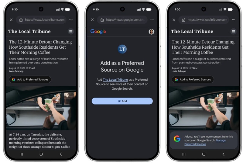 The new embeddable Preferred Sources button lets publishers add a one-click option for readers to follow them across Google Search and Discover.