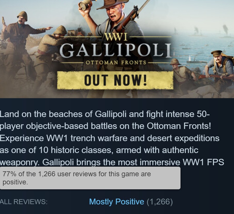 The 50-player momentum mode pits ANZAC and British Empire forces against Ottoman defenders across Gallipoli and Mesopotamia.