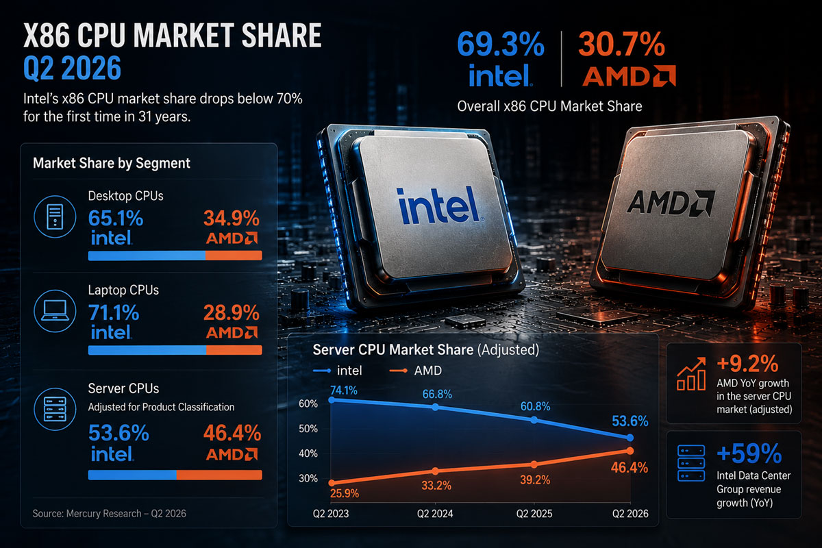 Parts de marché x86 au deuxième trimestre 2026 : Intel à 69,3 %, AMD à 30,7 % — un record depuis 1995.