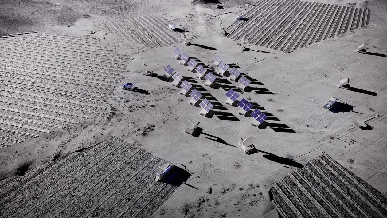 Concept rendering of a lunar helium-3 extraction operation, showing mining equipment and a solar power array. Illustration: Interlune