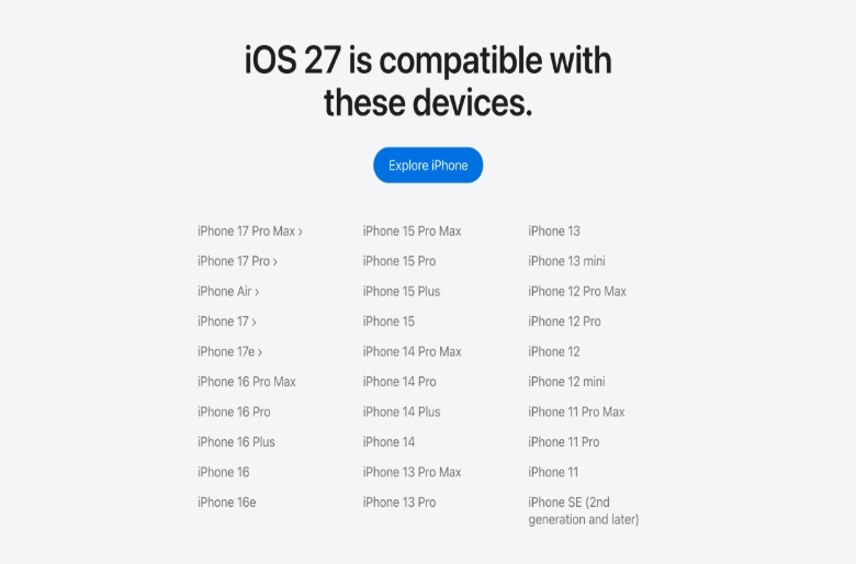 Перечень устройств с поддержкой iOS 27