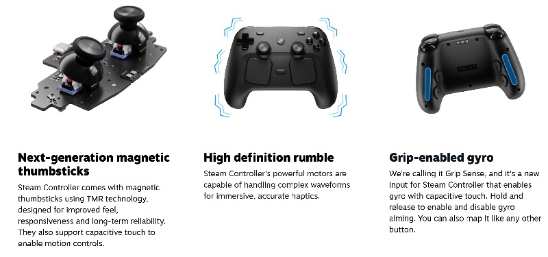 La face arrière du Steam Controller 2 révèle ses quatre boutons grip, une particularité absente des manettes grand public.