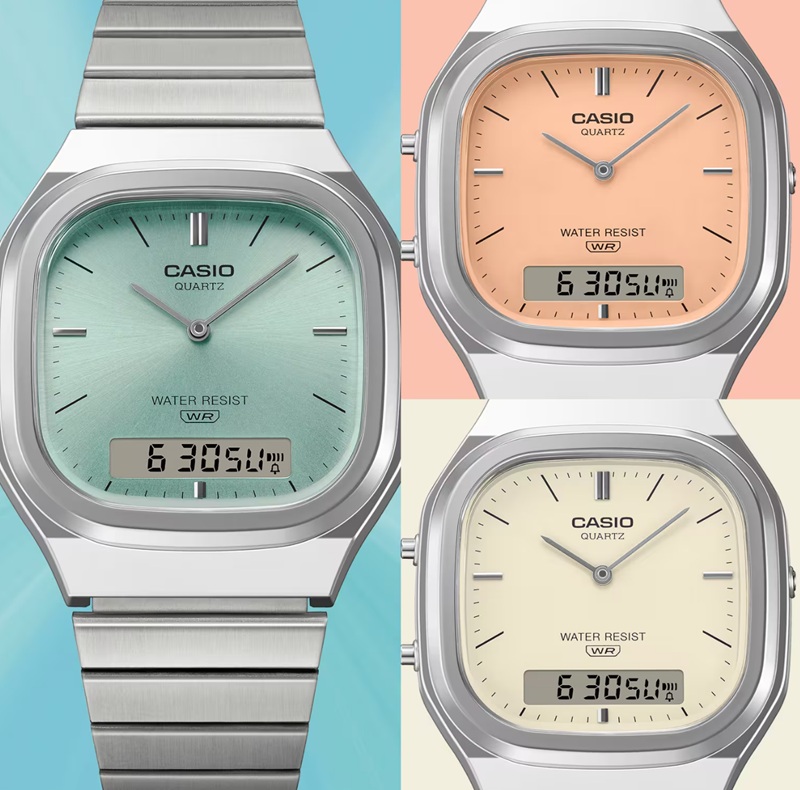 The AQ-240E's sunray dial finish and softened case profile distinguish it from the sharper-edged AQ-230 it replaces.