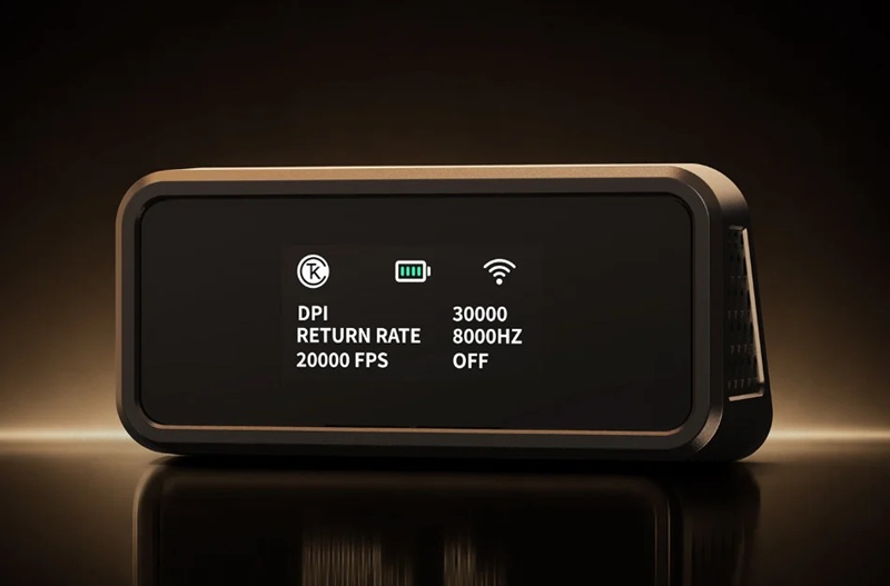 The bundled 8K wireless receiver features a small color display showing DPI, polling rate, and battery level.