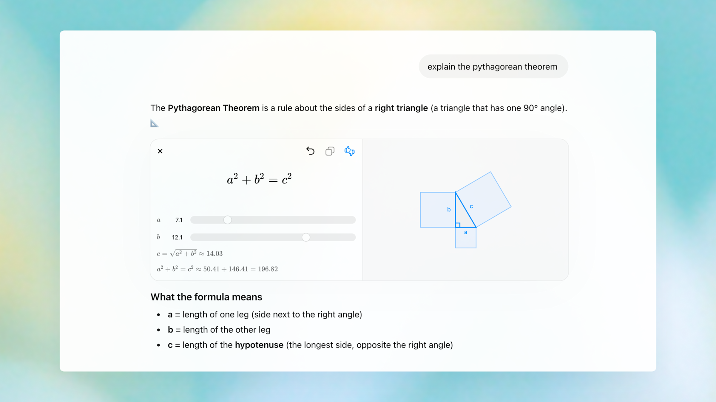 Example of Pythagorean theorem visualization in ChatGPT
