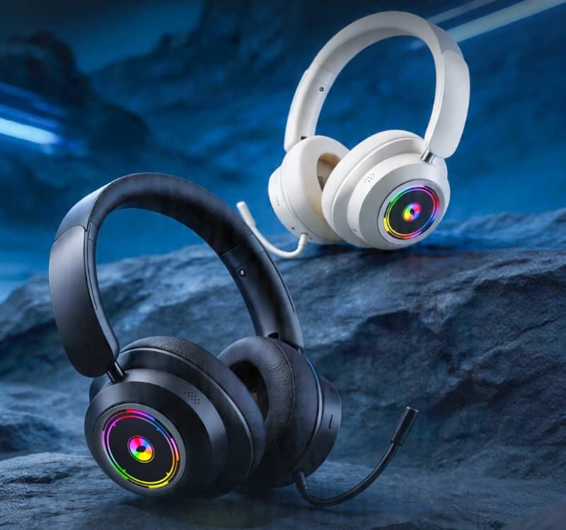 Lenovo Aurora GH15 wireless gaming headset in black, showing RGB earcup rings and detachable microphone.