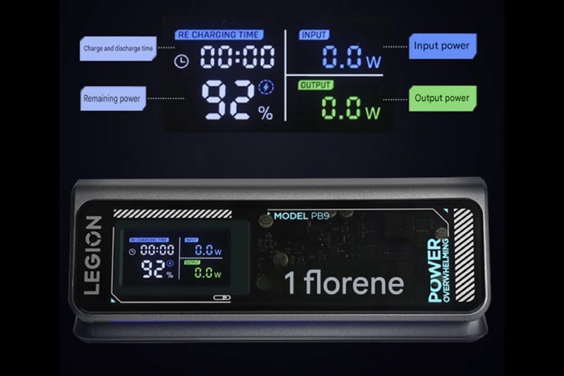 Lenovo Legion PB9 power bank — wedge design with color display and 170W output across three ports.
