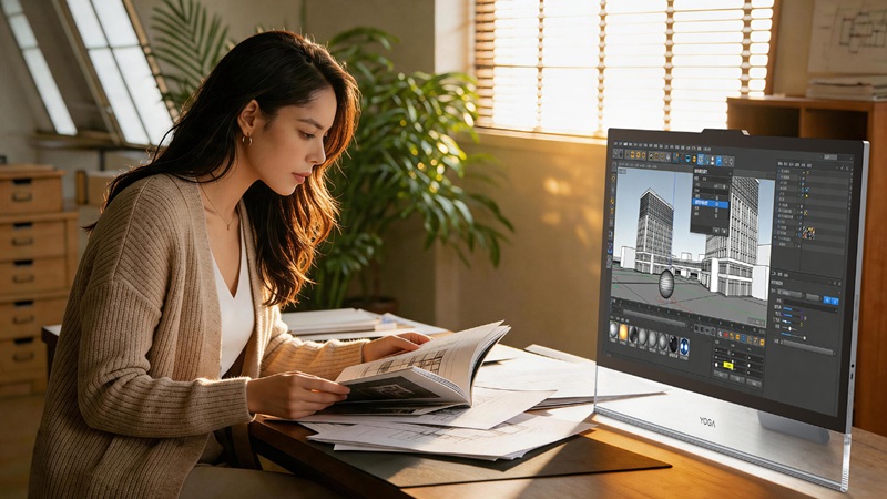 Le Lenovo Yoga 32 Ultra Aura et son écran OLED 4K de 31,5 pouces avec un taux de rafraîchissement de 165 Hz.