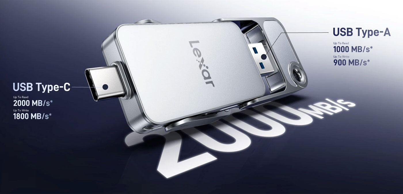 Le SSD portable D70E et ses deux connecteurs intégrés. Illustration : Lexar