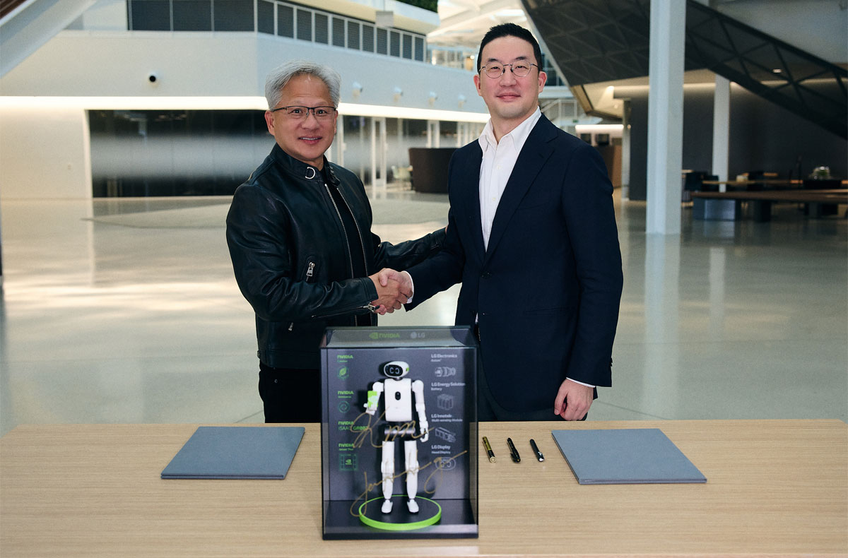 A miniature humanoid robot displayed by LG, signed by LG Corp. CEO Kwang Mo Koo and Nvidia CEO Jensen Huang. Image: LG Corp.