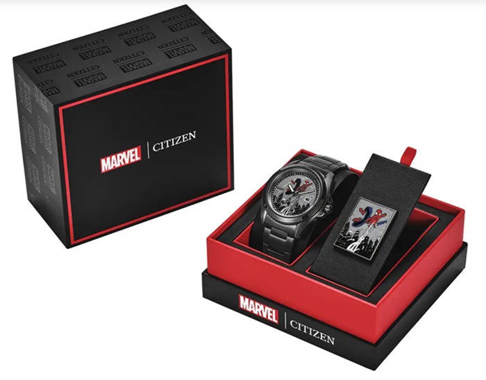 The watch ships in a Marvel-branded gift box with a collectible pin