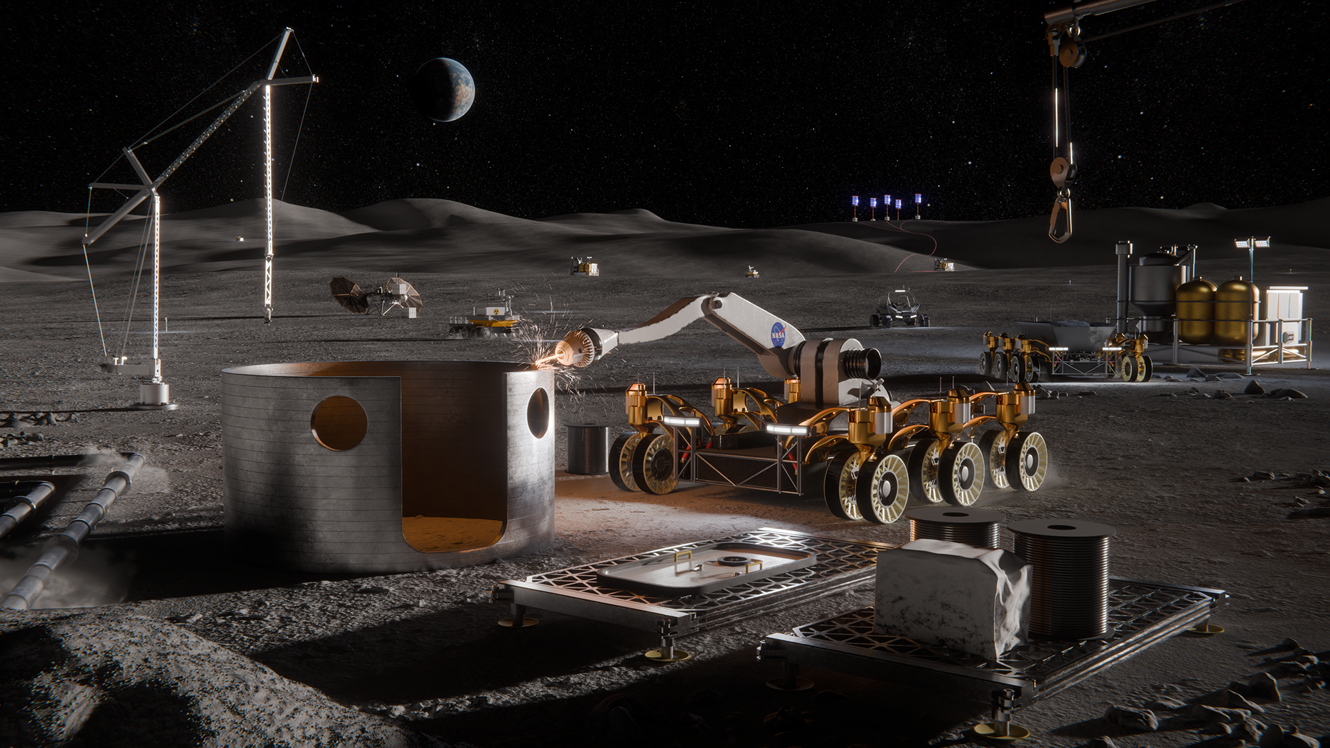 Concept illustration of infrastructure elements and technologies for operations on the lunar surface. Illustration: NASA