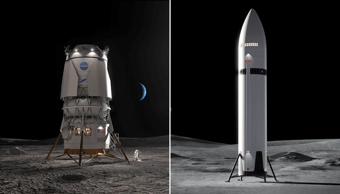 Изображение посадочного модуля Blue Moon и посадочного модуля Starship на лунной поверхности