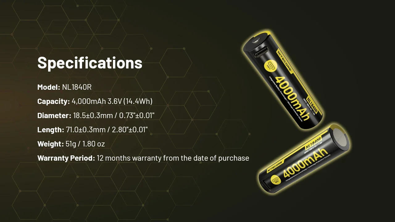 NL1840R battery specifications. Image: Nitecore