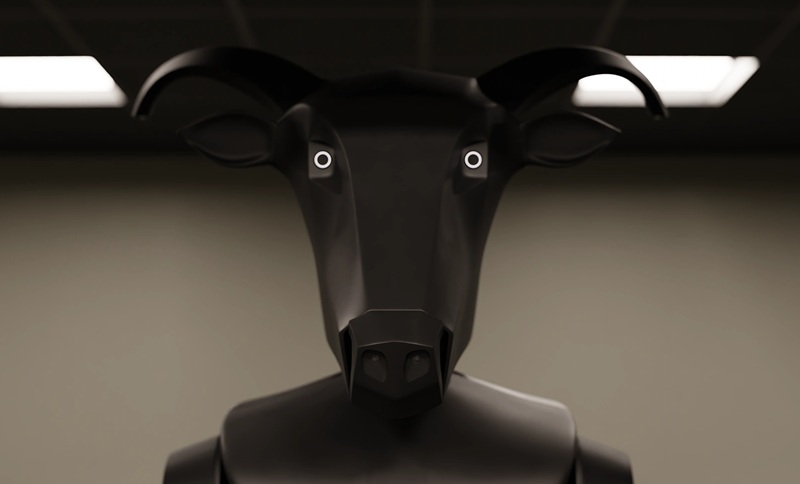 The robot's horned head likely houses cameras to feed a live view to the remote operator.