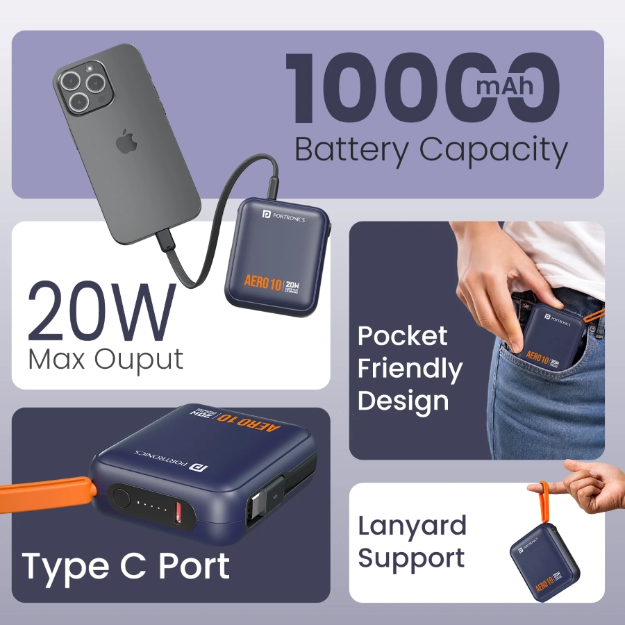 Удобный для переноски пауэрбанк Portronics Aero 10
