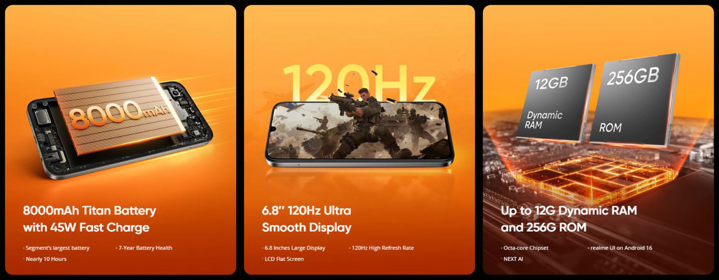 Изображение батареи, экрана, памяти Realme P4x