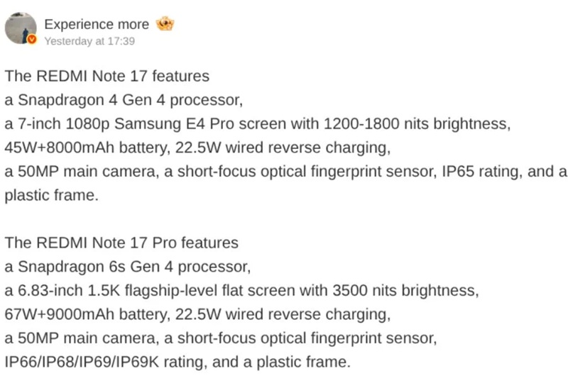 Le Redmi Note 17 standard avec son écran 7 pouces et sa batterie 8 000 mAh.