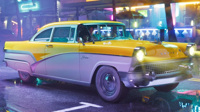 Ray-traced reflections on wet asphalt and a luxury car hood — detail that likely exceeds PS5 and Xbox Series X capability. Source: Rockstar Games