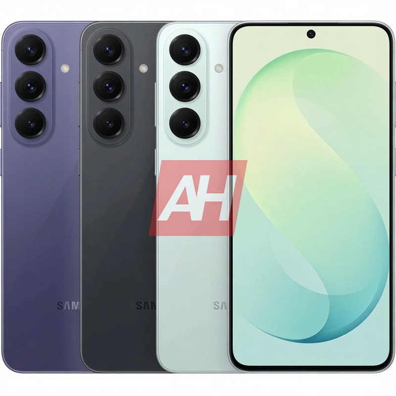 Samsung Galaxy S26 FE rendered in Graphite, Aqua Green, and blue-purple colorways.