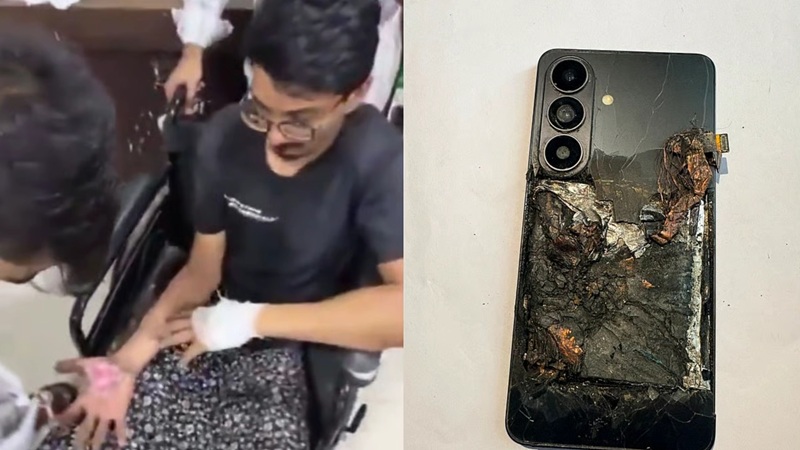 Les restes du smartphone après l'incendie : le compartiment batterie entièrement brûlé et le panneau arrière à moitié fondu.