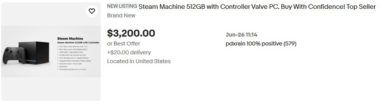 Steam Machine 512GB with bundled Steam Controller — the bundle scalpers are listing on eBay for up to $3,200.