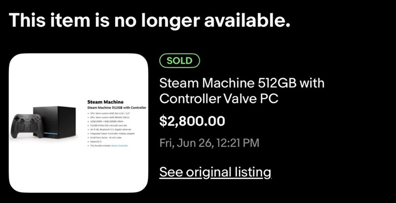 A completed eBay sale shows $2,800 paid for a Steam Machine reservation — before a single unit has shipped.