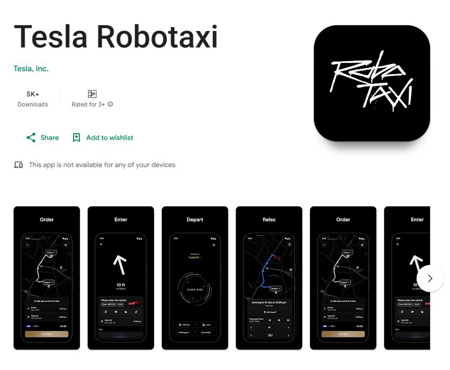 L'application Robotaxi de Tesla, désormais disponible sur Android. Illustration : Google Play