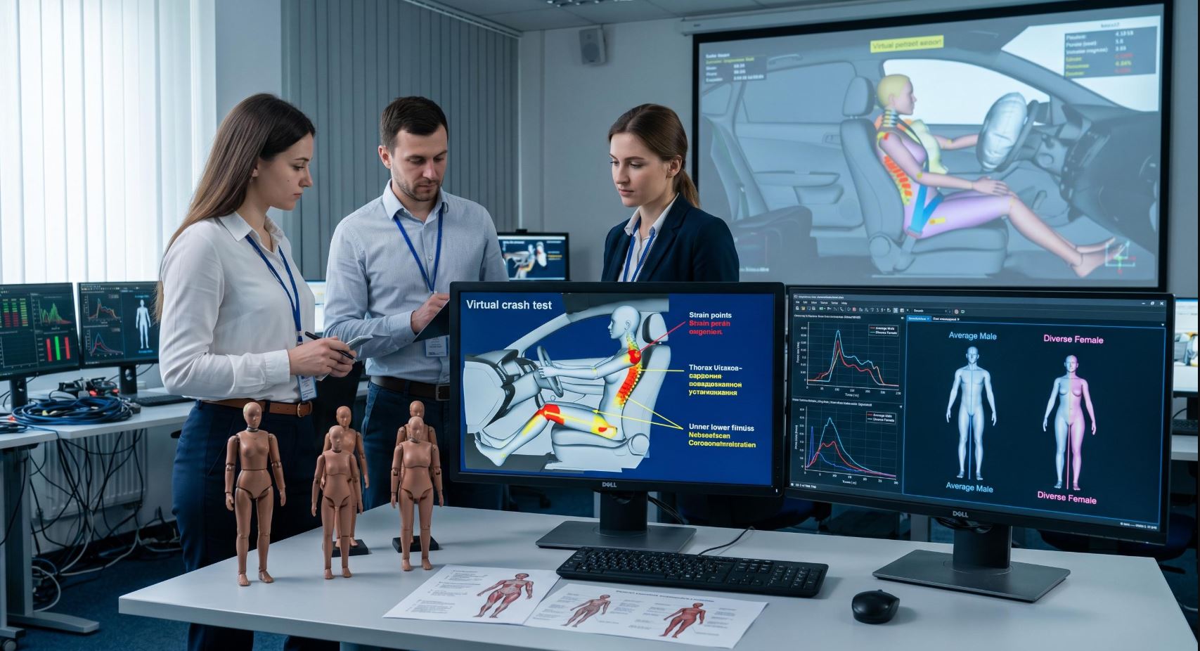 Le mannequin féminin utilisé dans les crash tests est une version réduite du modèle masculin, ne reflétant pas l'anatomie réelle de la majorité des femmes.