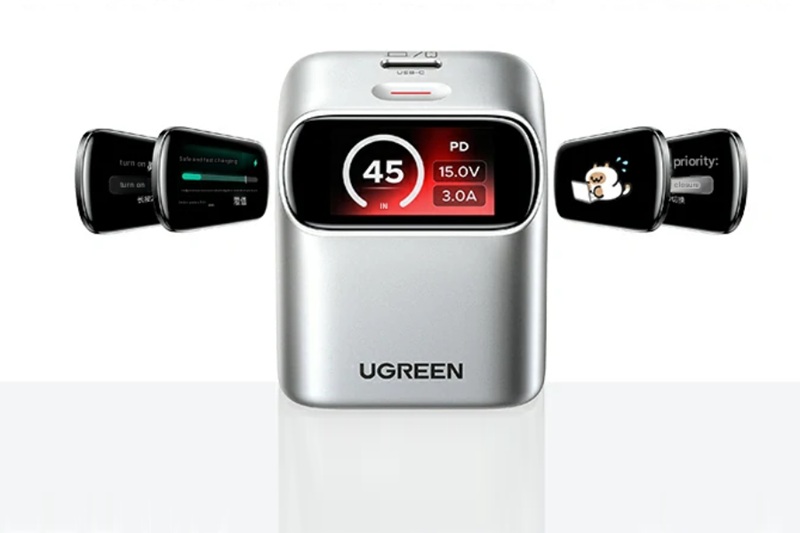 Ugreen's 45W GaN charger features a 45-degree angled display showing live charging data.